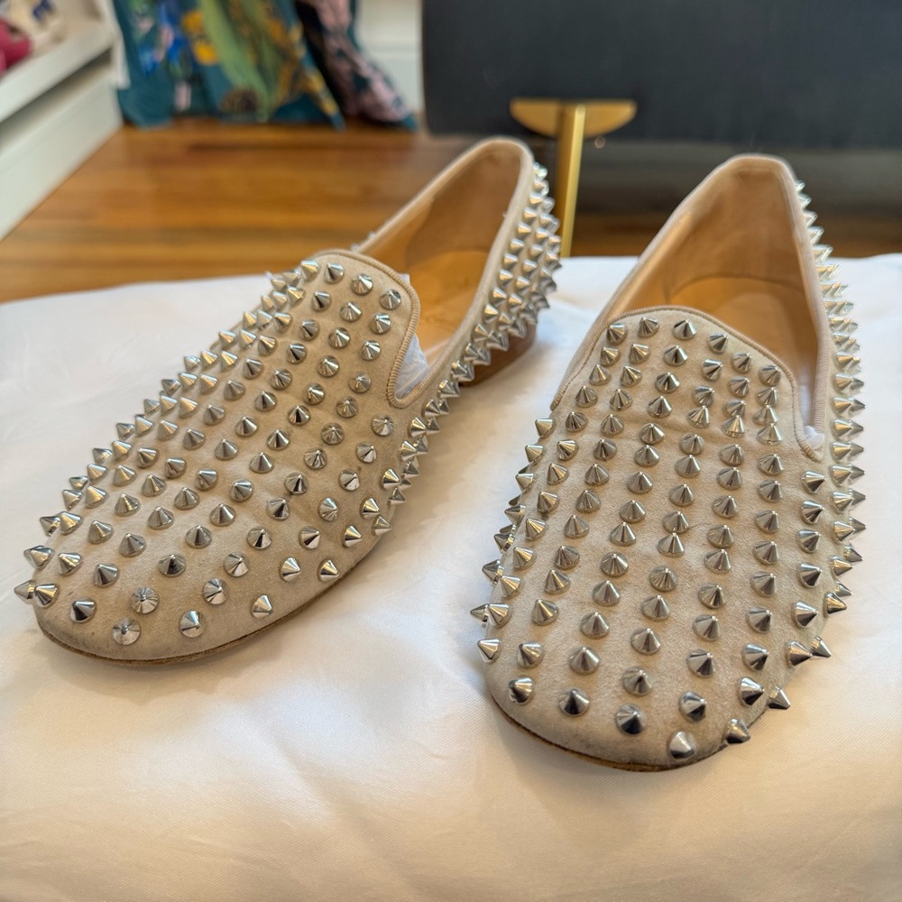 Christian Louboutin Dandelion Beige Suede Studded Loafers size 37.5 - Picture 2 of 6